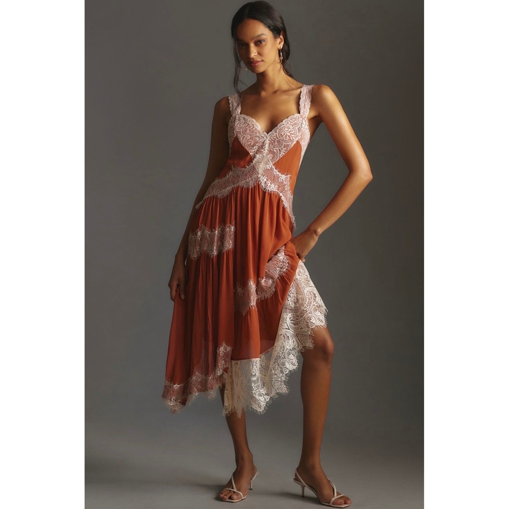 NWT Anthropologie Lace Inset Asymmetrical Slip Dress Cedar Orange size 4 Midi